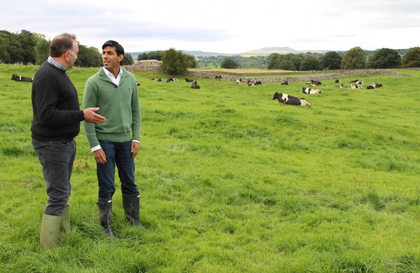 Rishi speaks to tenant farmer James Dent on his farm at Swinithwaite