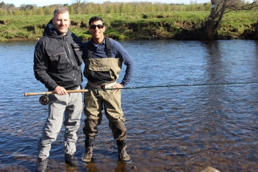 Rishi Sunak on the River Ure with Philip Ellis, salmon guide
