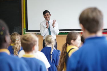 Rishi talks to pupis at Great Smeaton Primary School