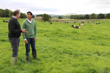 Rishi speaks to tenant farmer James Dent on his farm at Swinithwaite